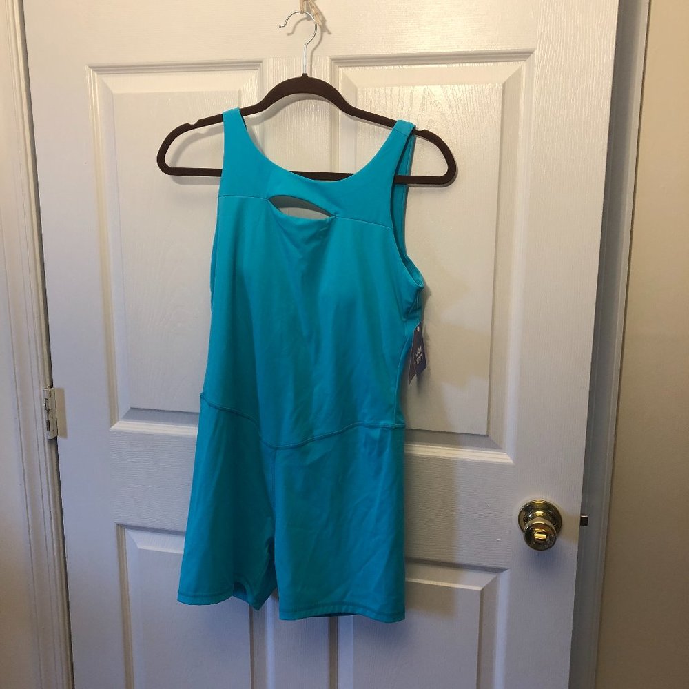 JoyLab women teal one piece swimsuit with shorts, L